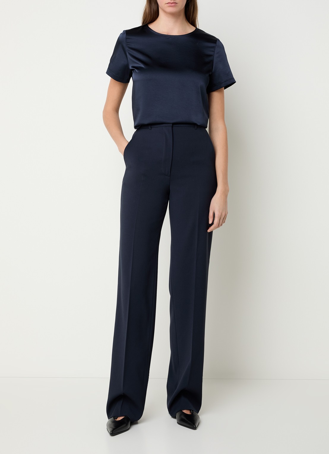 Max Mara Quasar high waist straight fit pantalon van scheerwol met persplooi - voorkant 4 donkerblauw