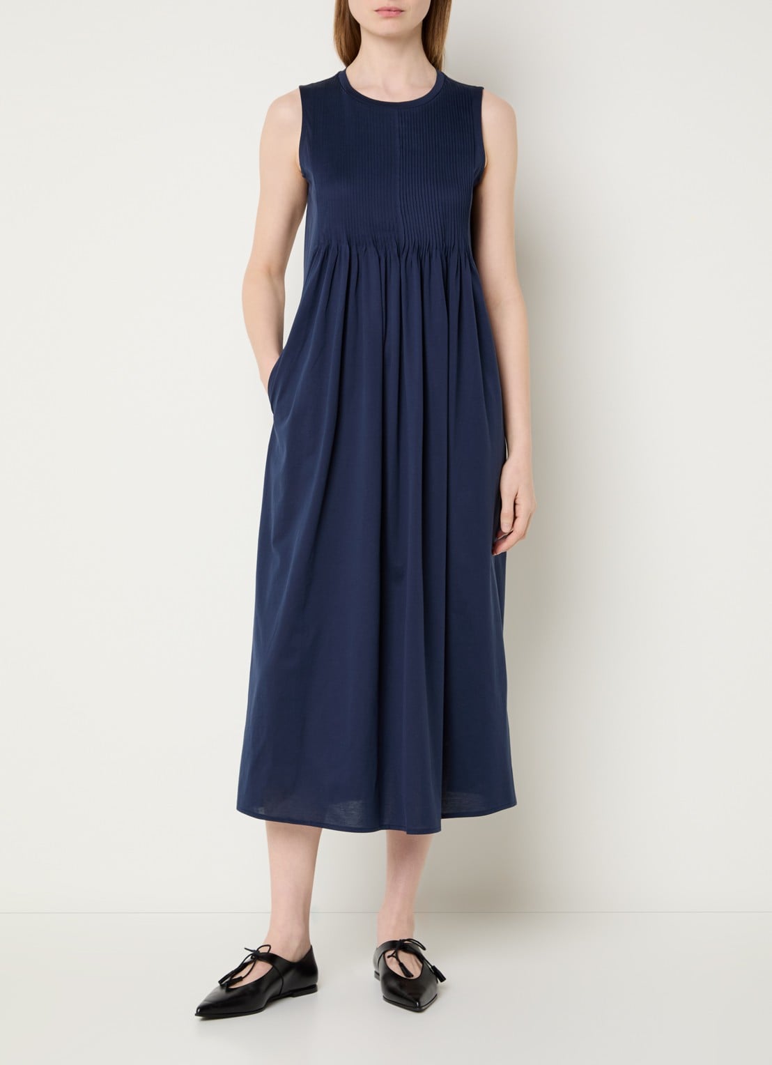 Max Mara Ricordo midi jurk met smockwerk - detail 3 donkerblauw