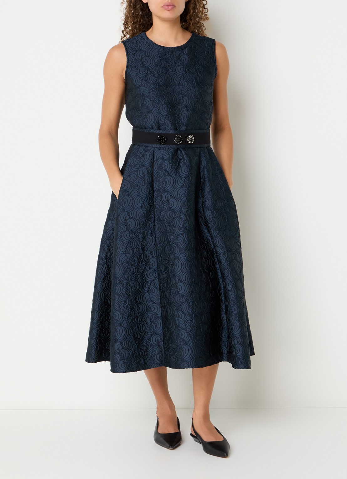 Max Mara Sax midi A-lijn jurk met strikceintuur en jacquard dessin - detail 4 donkerblauw