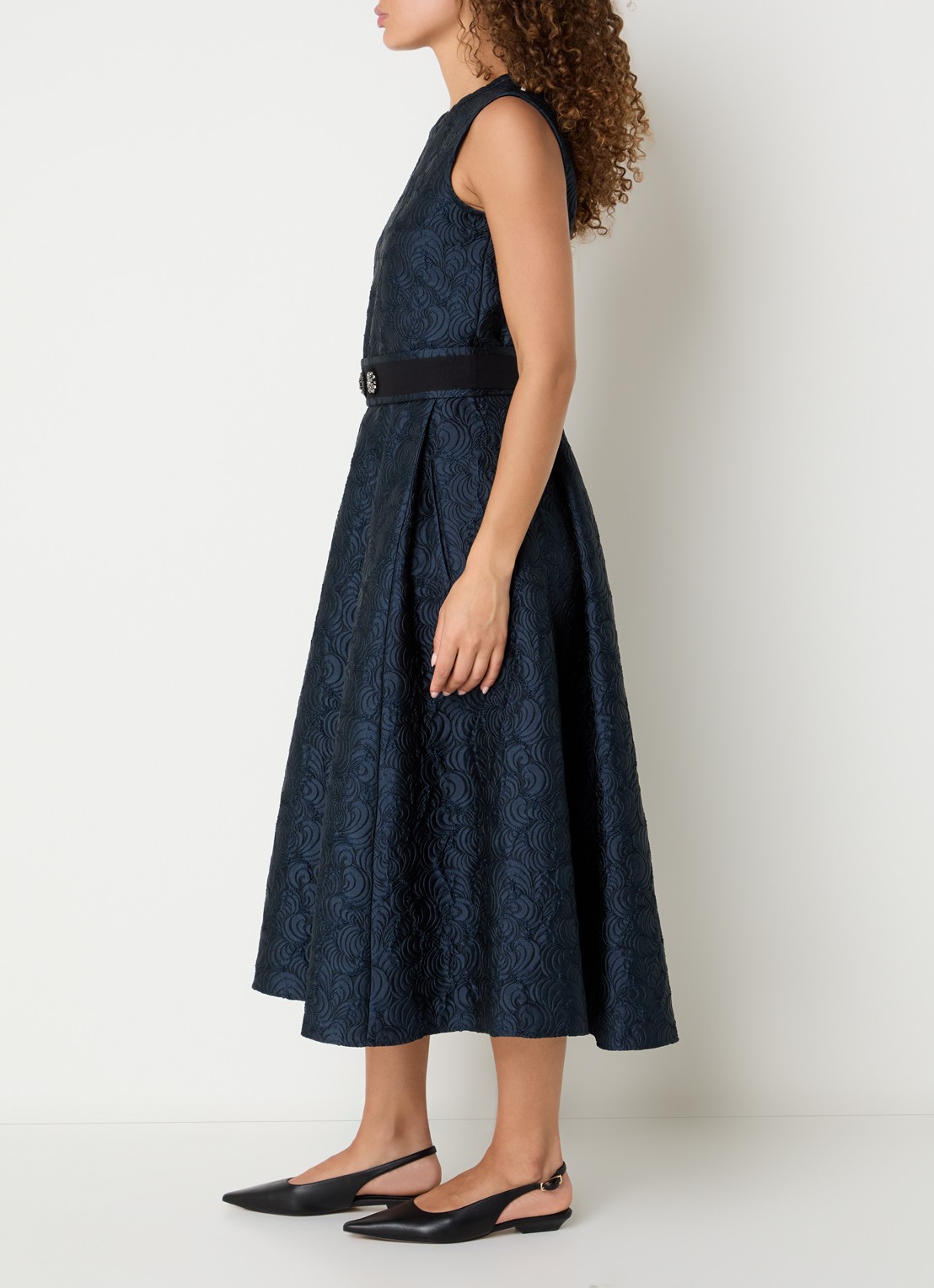 Max Mara Sax midi A-lijn jurk met strikceintuur en jacquard dessin - voorkant 3 donkerblauw