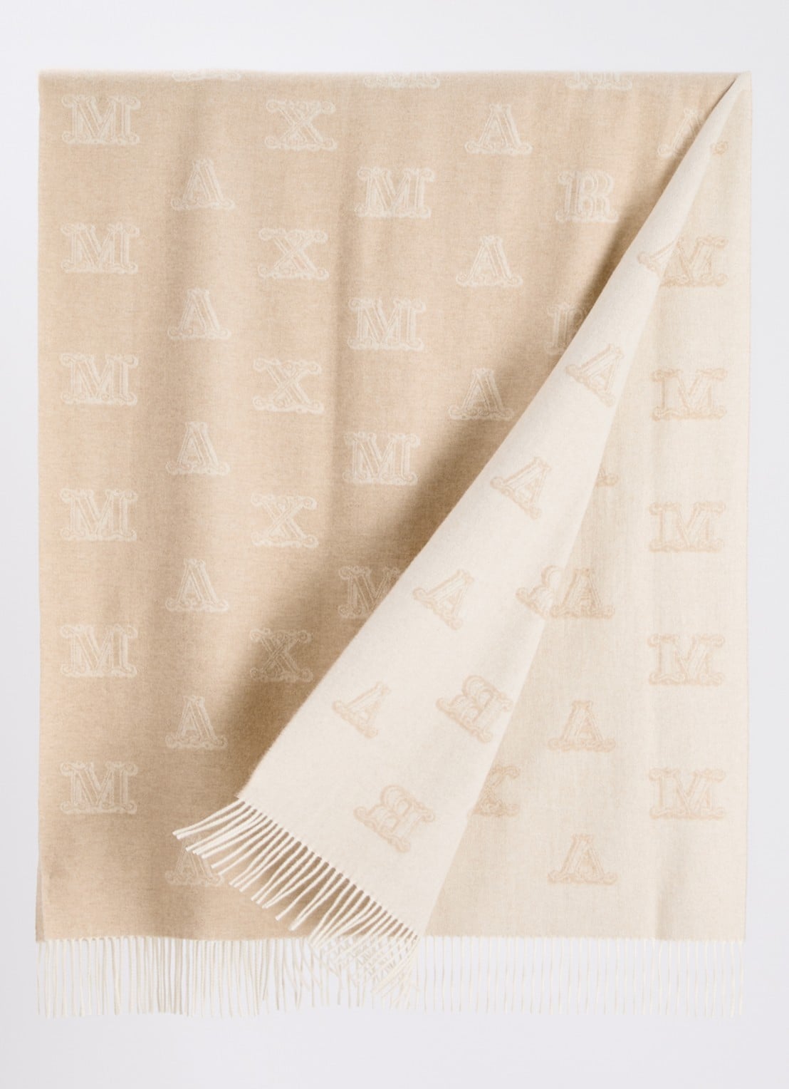 Max Mara Sjaal van kasjmier met logoprint en franjes 180 x 70 cm - detail 2 beige