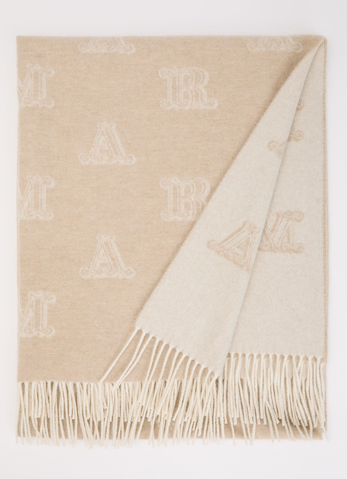 Max Mara Sjaal van kasjmier met logoprint en franjes 180 x 70 cm - voorkant beige