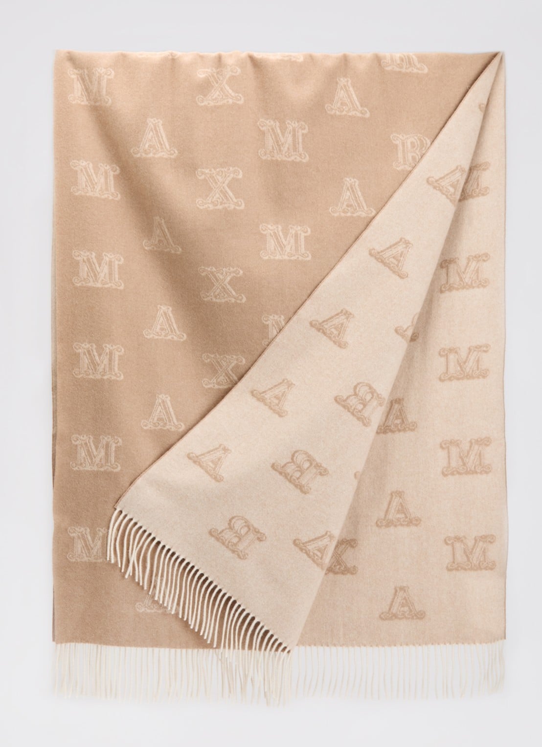 Max Mara Sjaal van kasjmier met logoprint en franjes 180 x 70 cm - detail camel