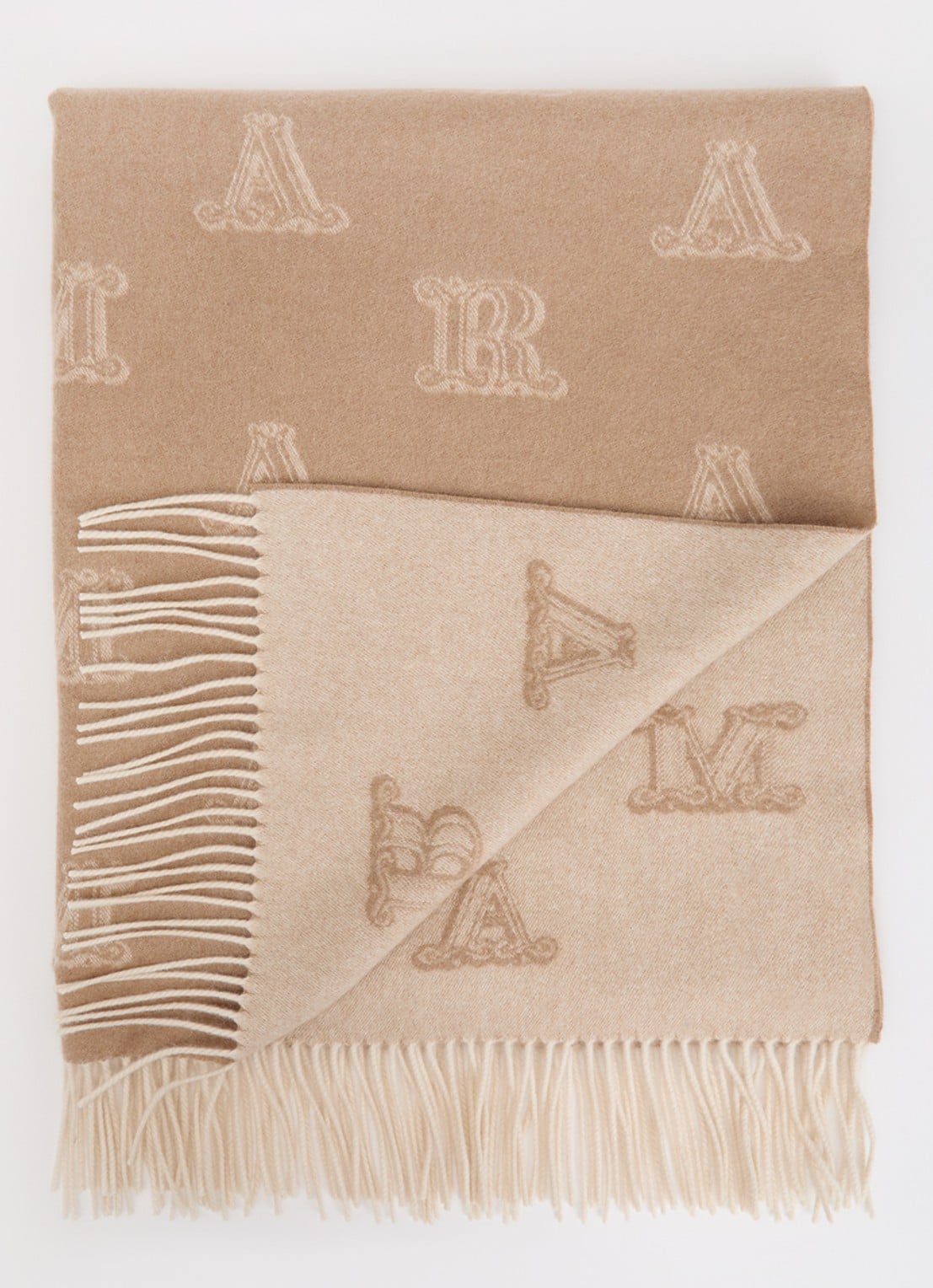 Max Mara Sjaal van kasjmier met logoprint en franjes 180 x 70 cm - voorkant 3 camel