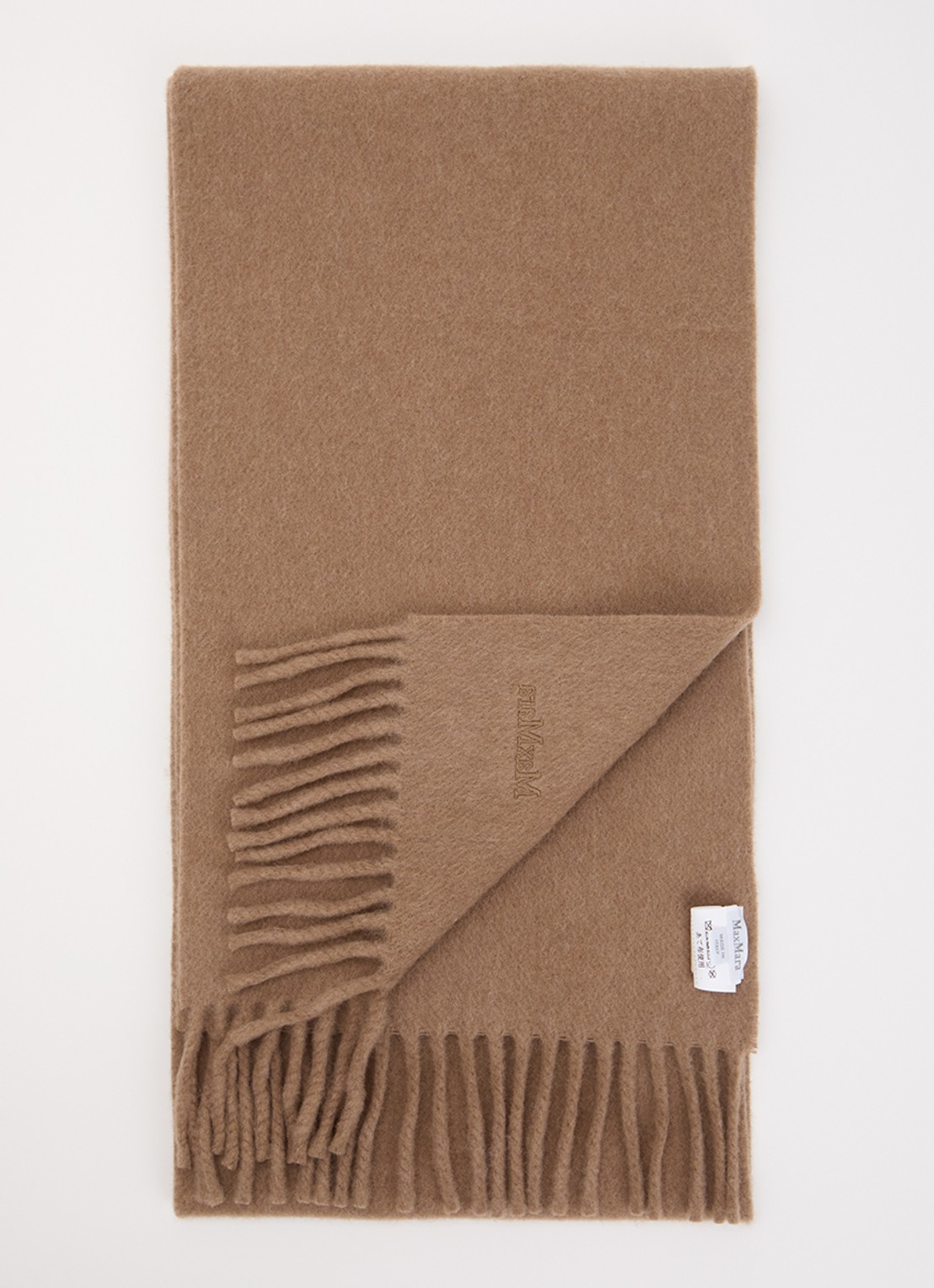 Max Mara Sjaal van wol met franjes - voorkant camel