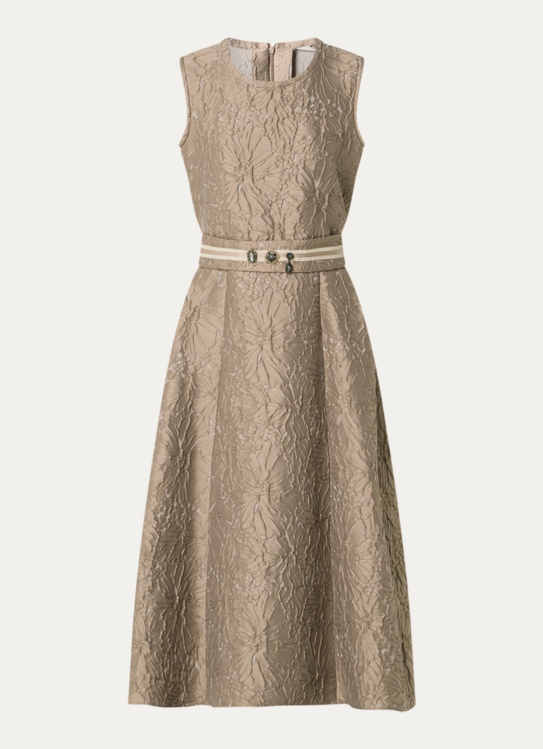 Max Mara Skipper midi jurk met bloemborduring en ceintuur - voorkant 3 donkerbeige