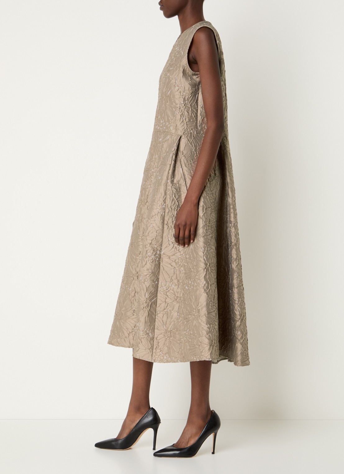 Max Mara Skipper midi jurk met bloemborduring en ceintuur - voorkant 4 donkerbeige
