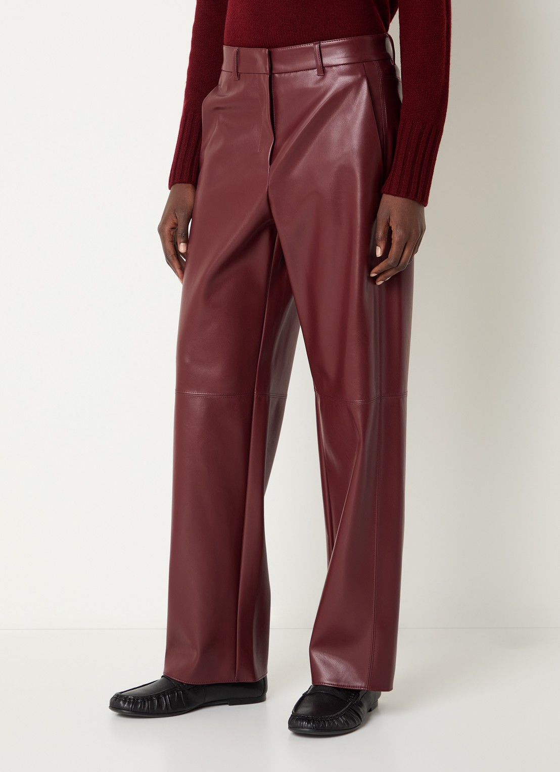 Max Mara Sospiro high waist straight broek van imitatieleer met steekzakken - detail 4 bordeauxrood
