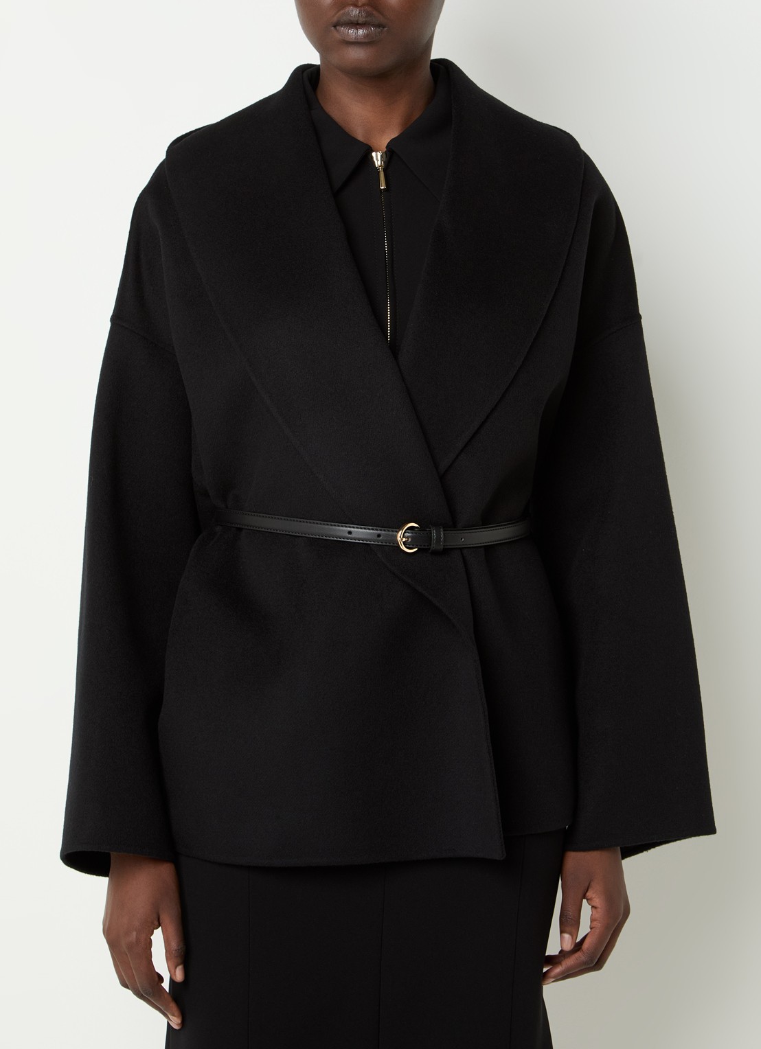 Max Mara Sughero mantel in kasjmierblend met ceintuur en steekzakken - detail 4 zwart