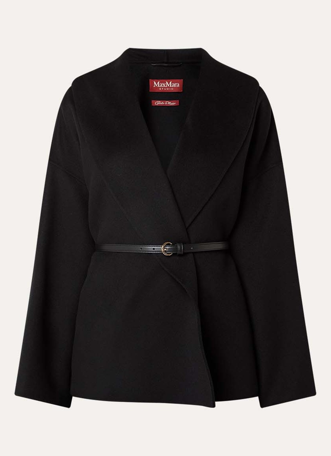 Max Mara Sughero mantel in kasjmierblend met ceintuur en steekzakken - voorkant 2 zwart