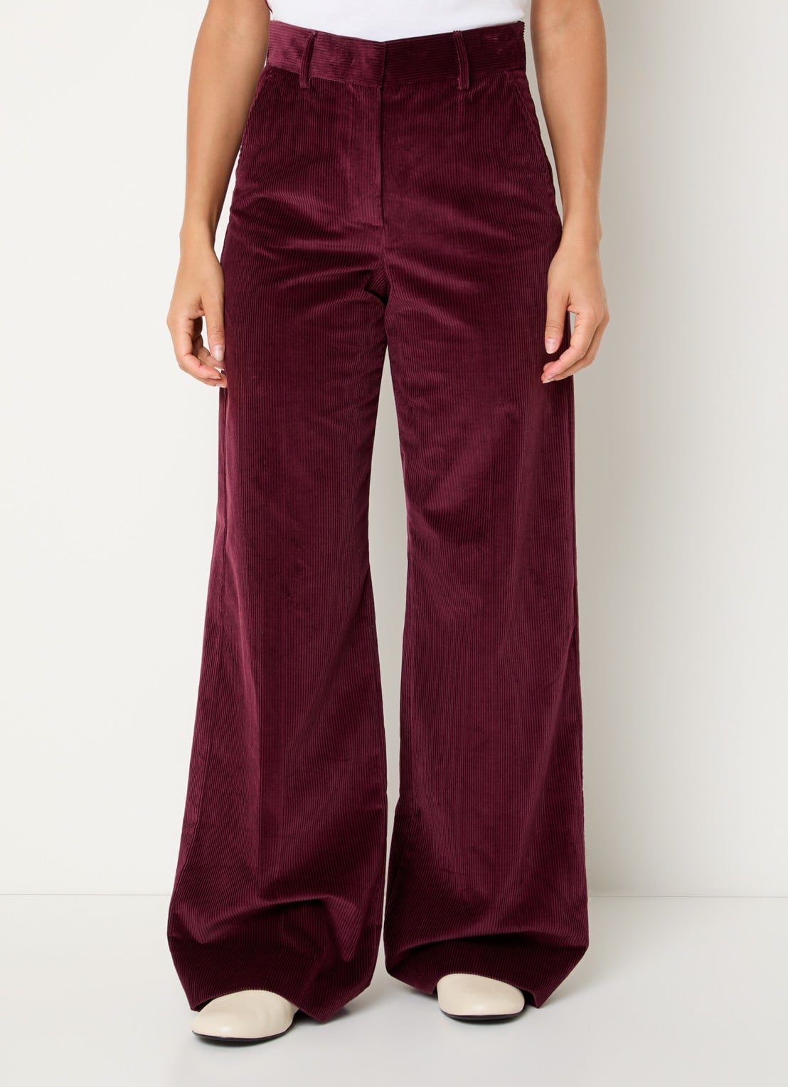 Max Mara Tania high waist wide fit broek van corduroy met steekzakken - detail 4 bordeauxrood