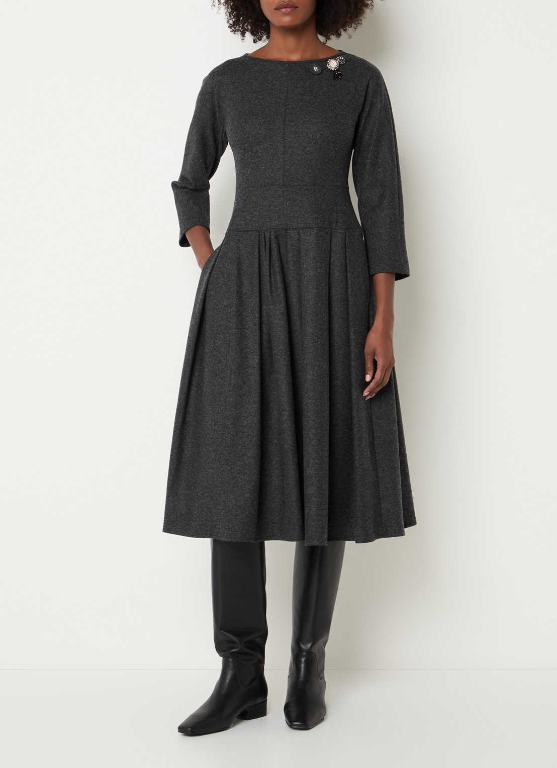 Max Mara Tania midi jurk in wolblend met plooien - detail 4 donkergrijs
