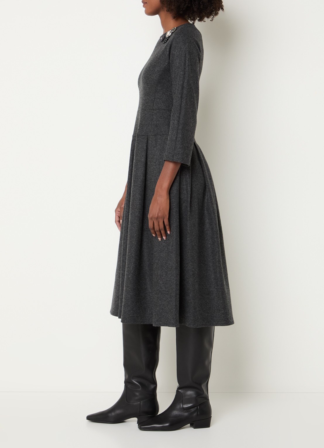 Max Mara Tania midi jurk in wolblend met plooien - voorkant 3 donkergrijs