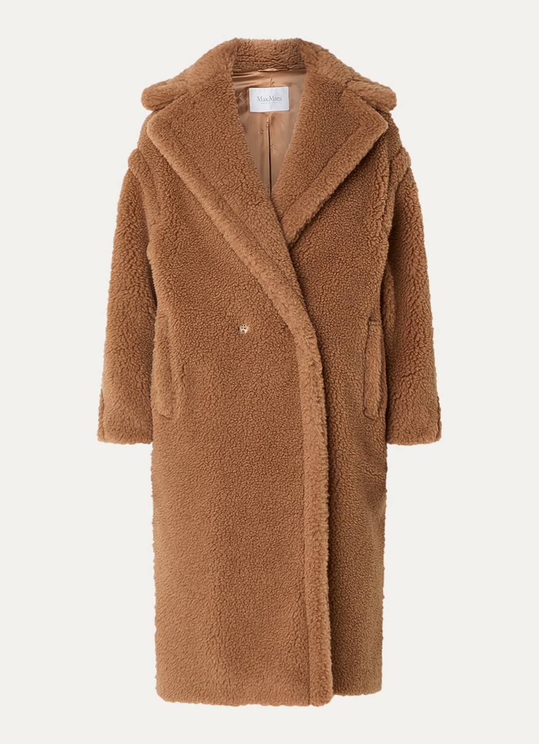 Max Mara Teddy double breasted mantel van kamelenwol met steekzakken  - voorkant camel