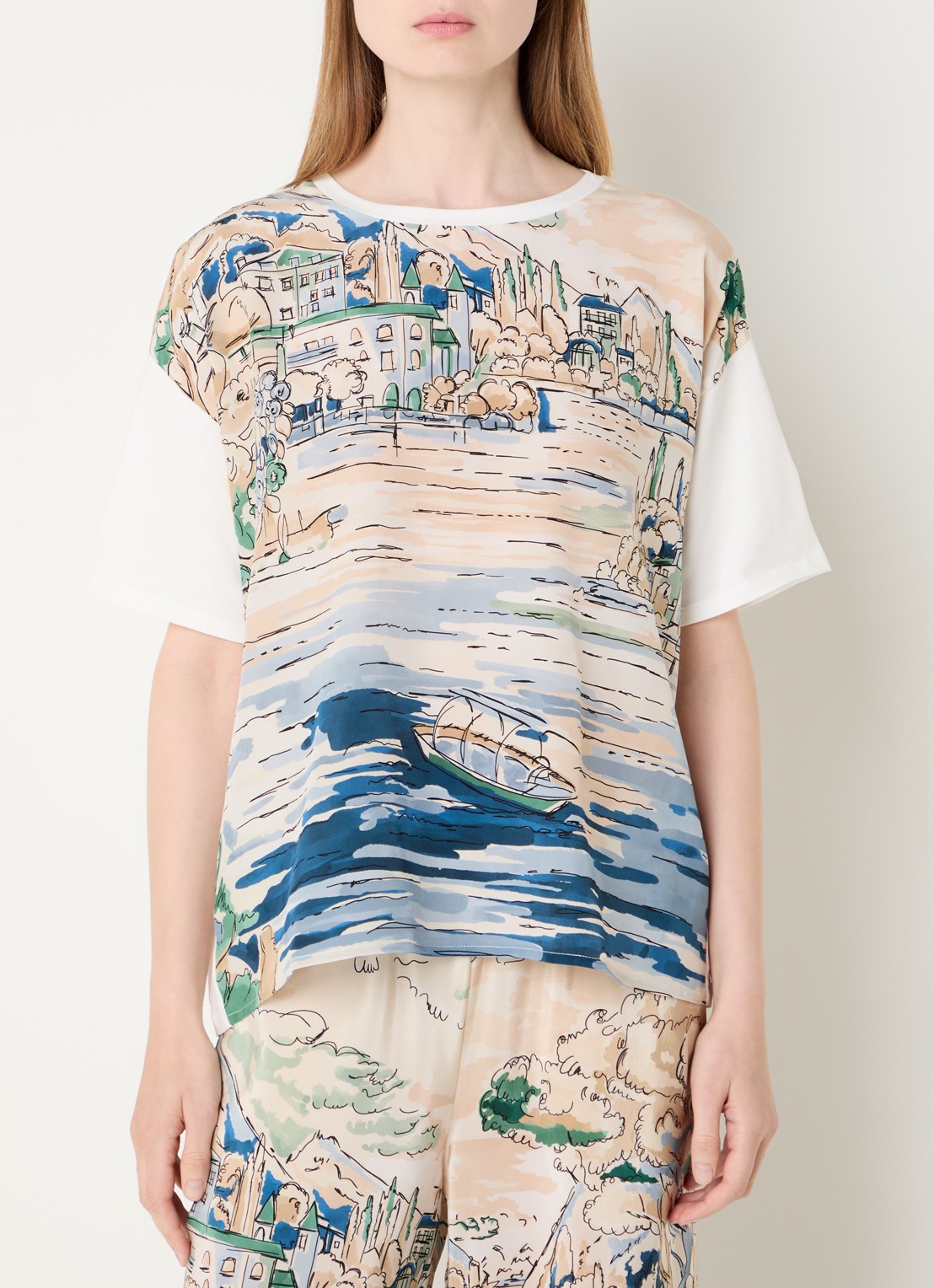 Max Mara Terzo T-shirt met print - detail 4 lichtblauw