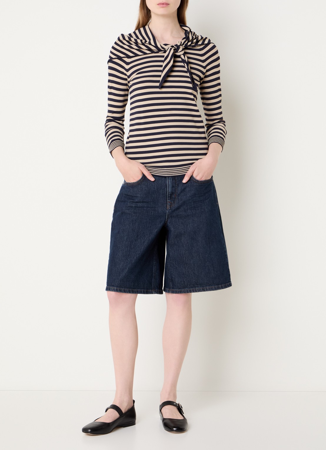 Max Mara Trui met sjaalkraag en streepprint - voorkant 4 donkerblauw