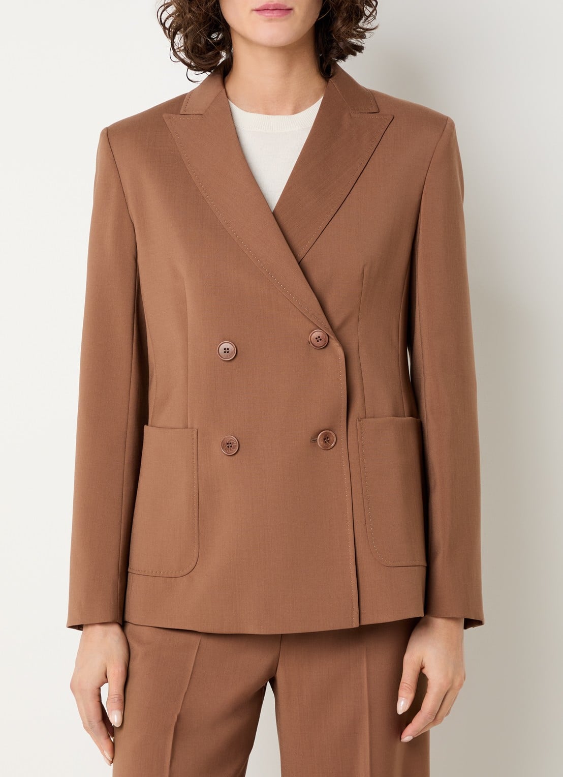 Max Mara Zinnia double-breasted blazer van scheerwol met opgestikte zakken - detail 4 cognac