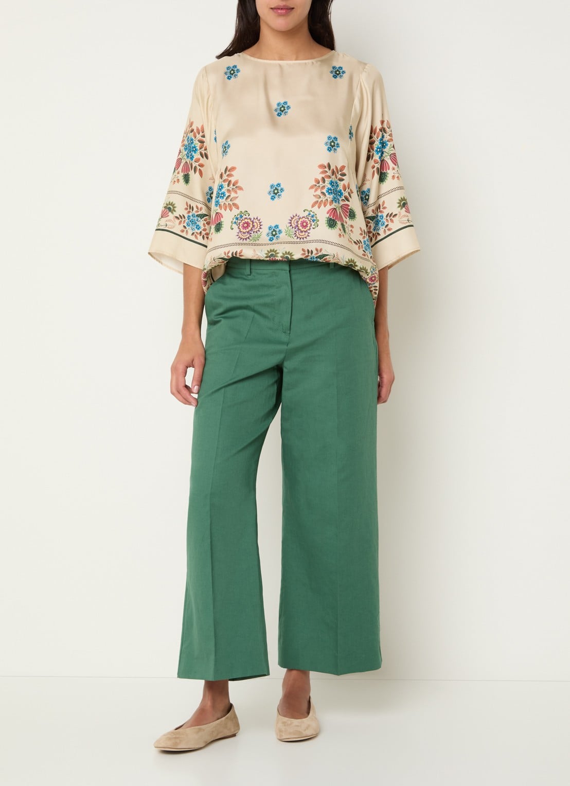 Max Mara Zircone high waist wide fit cropped pantalon in linnenblend - voorkant 4 donkergroen