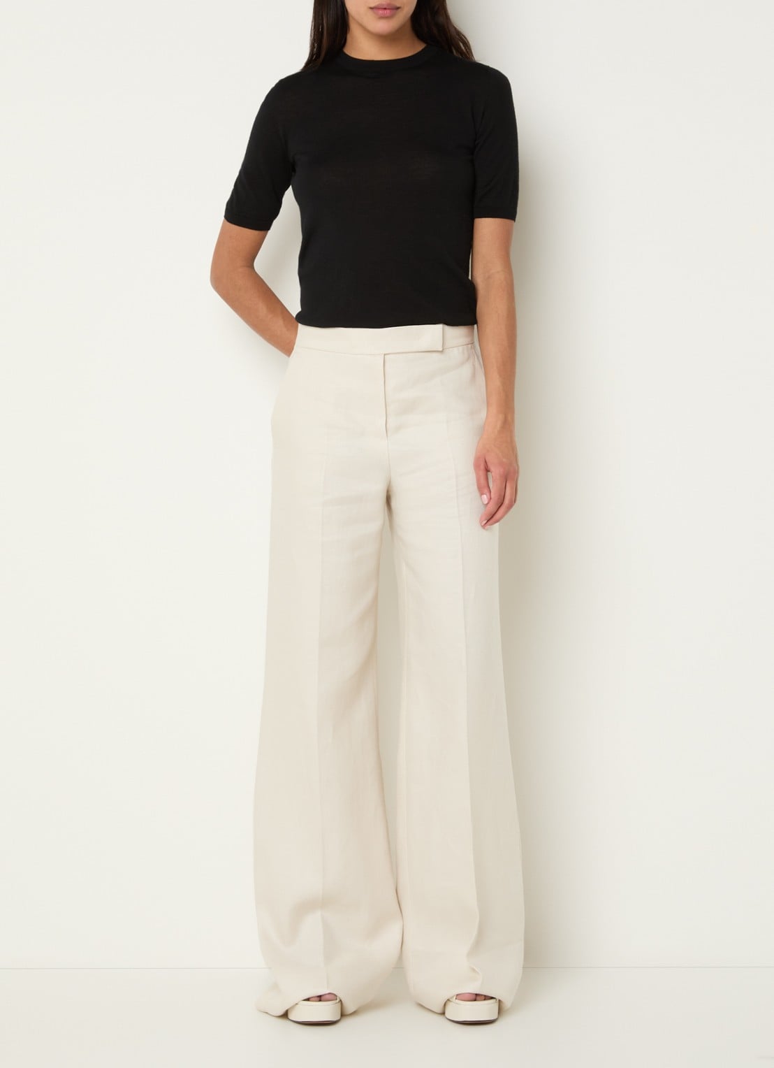 MaxMara Badesse high waist wide fit pantalon van linnen met steekzakken - voorkant 4 creme
