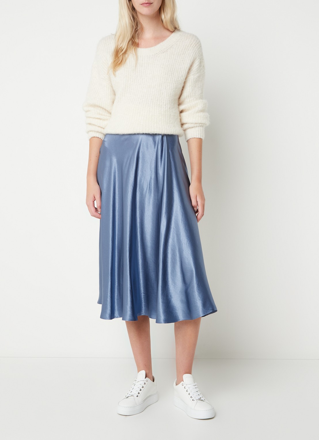 MaxMara Coimbra midirok met plooidetail - voorkant 2 staalblauw