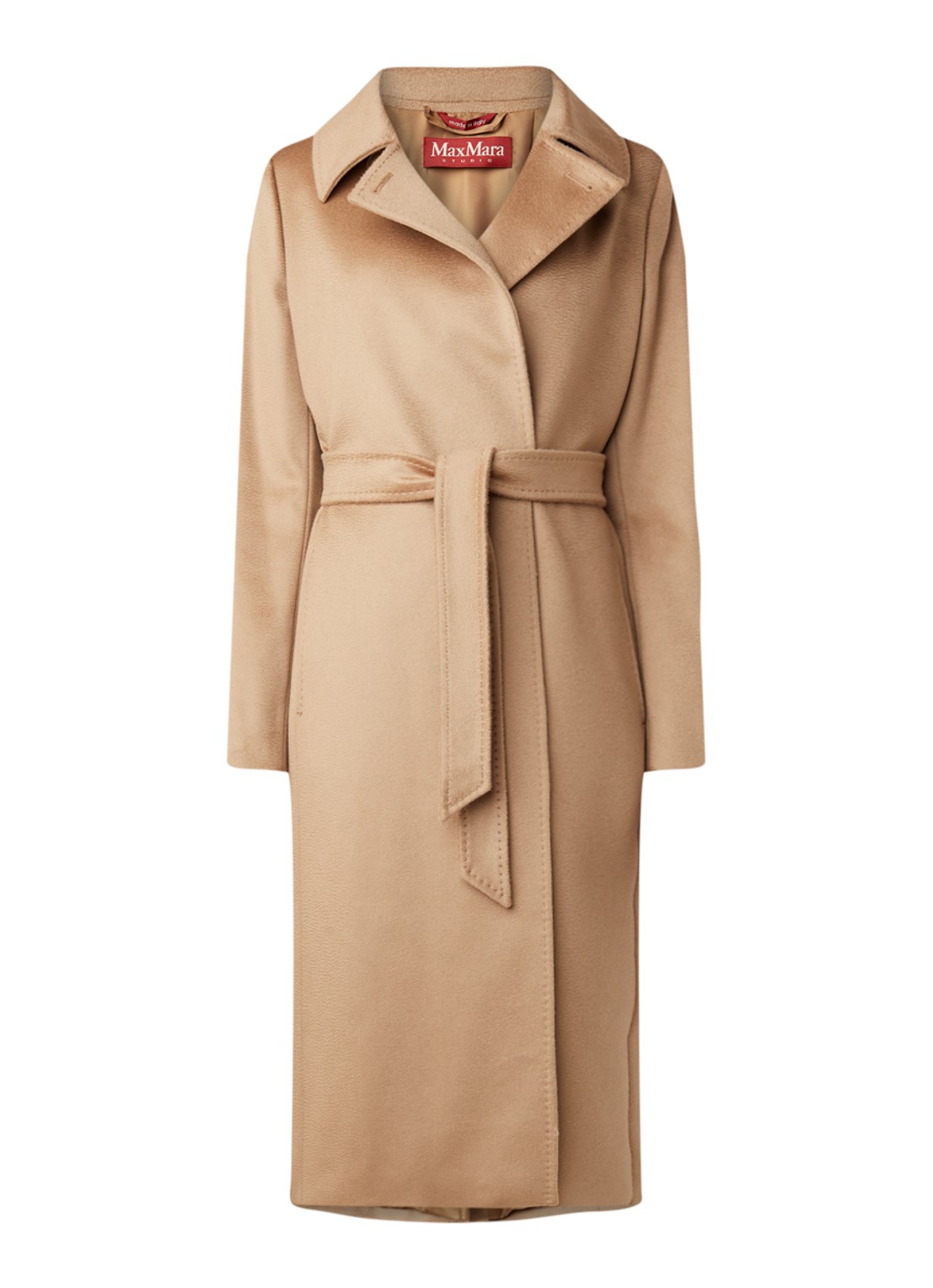 MaxMara Collage mantel in wolblend met strikceintuur - voorkant 3 camel