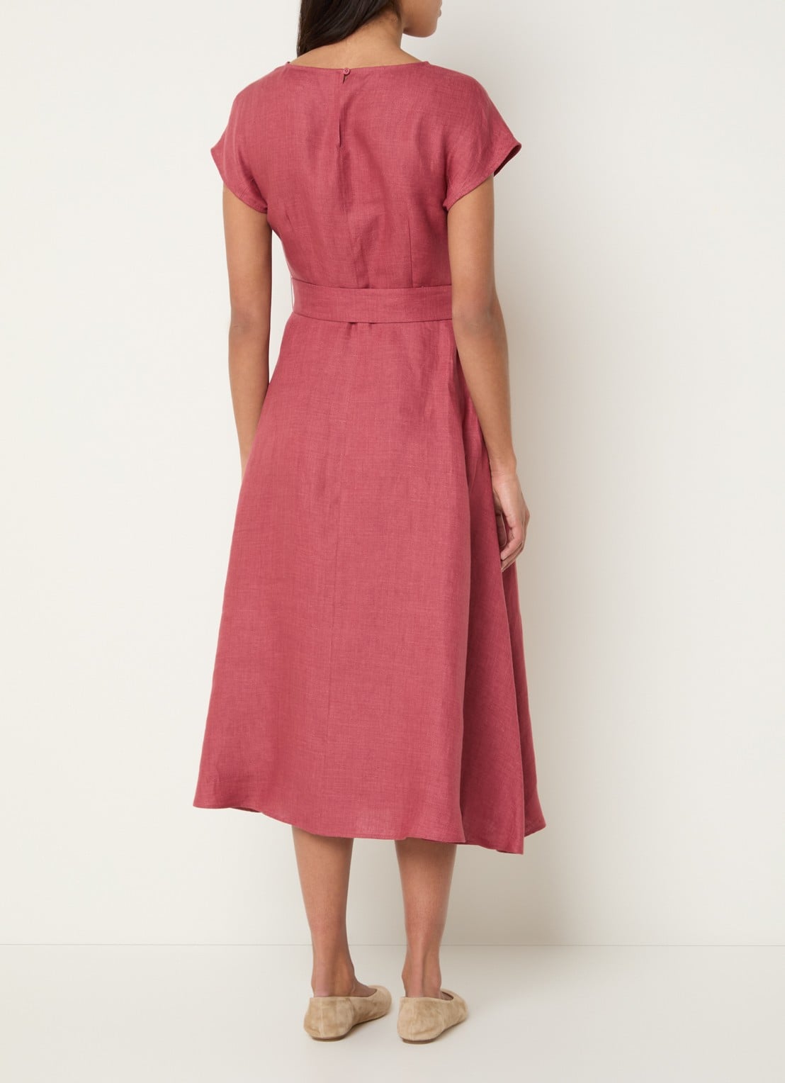 MaxMara Esordio midi jurk van linnen met strikceintuur - achterkant 4 donkerroze