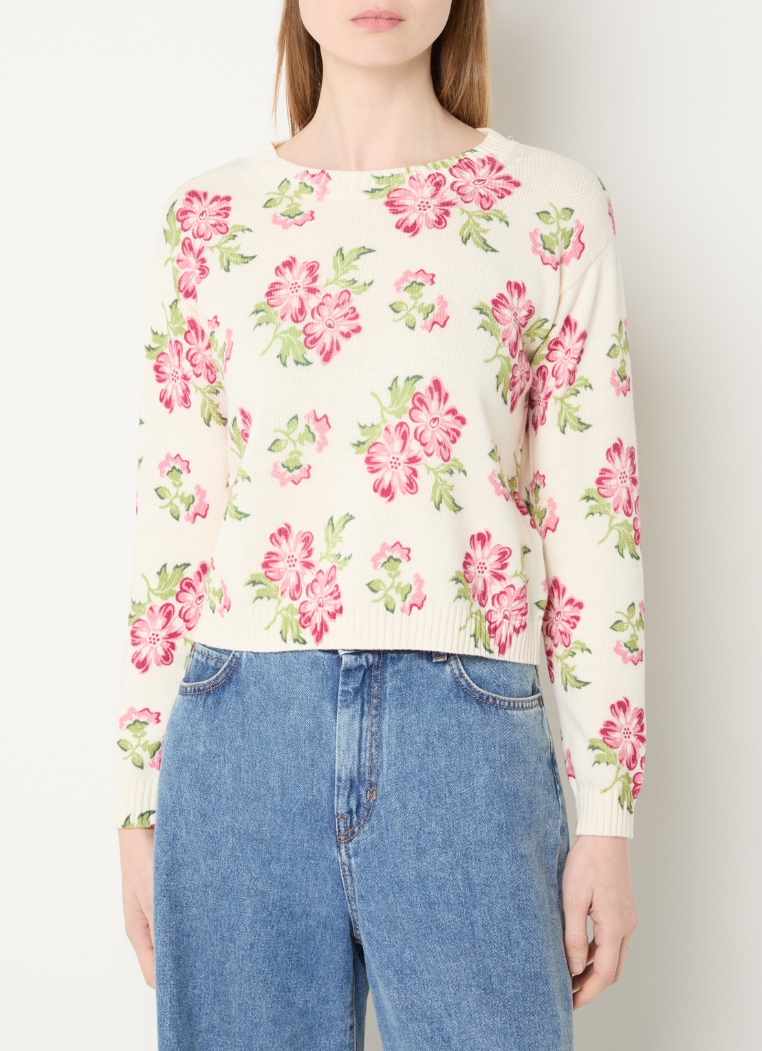 MaxMara Fijngebreide trui met bloemenprint - detail 4 ivoor