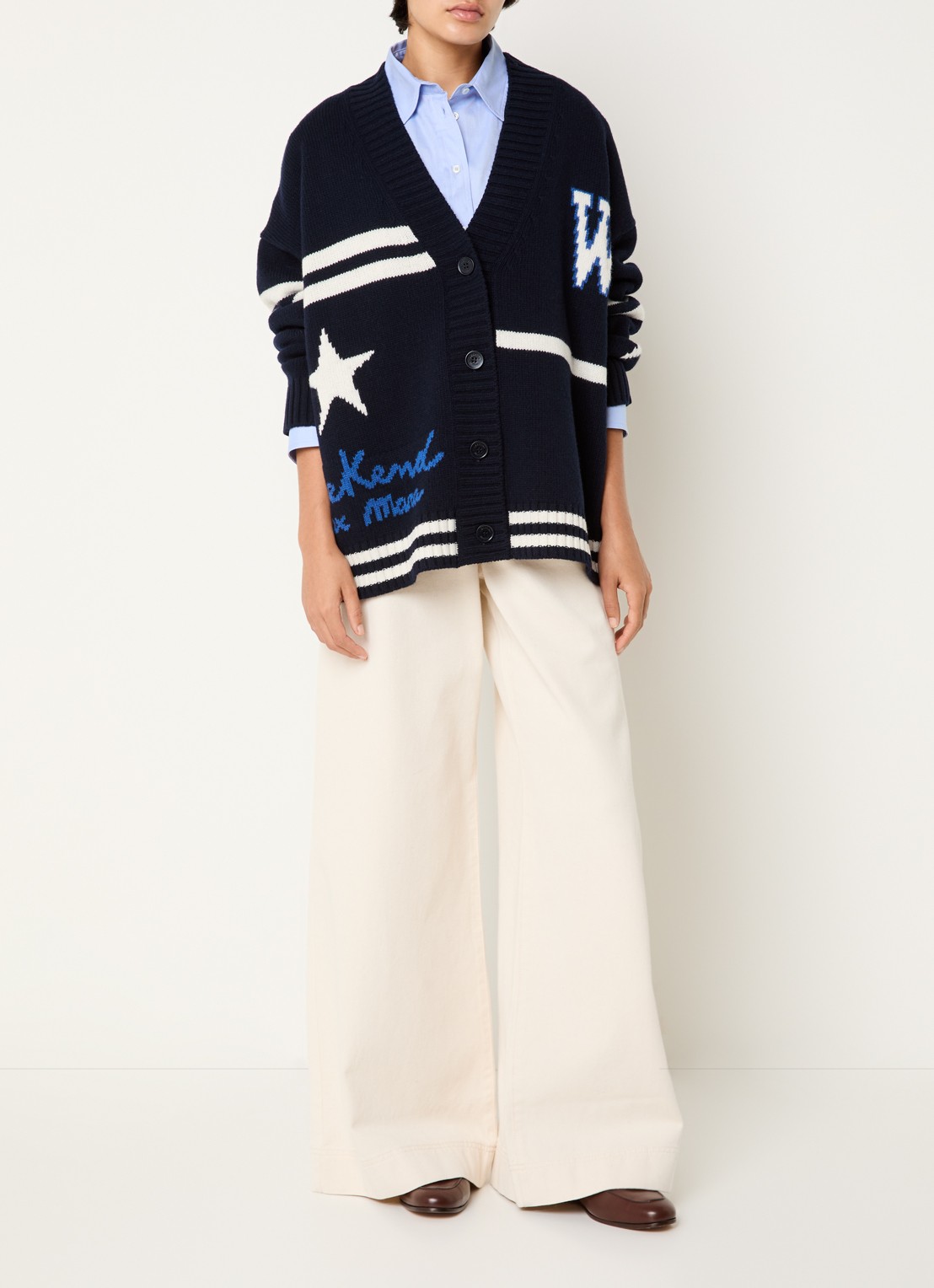 MaxMara Grofgebreid vest van wol met print - voorkant 4 donkerblauw