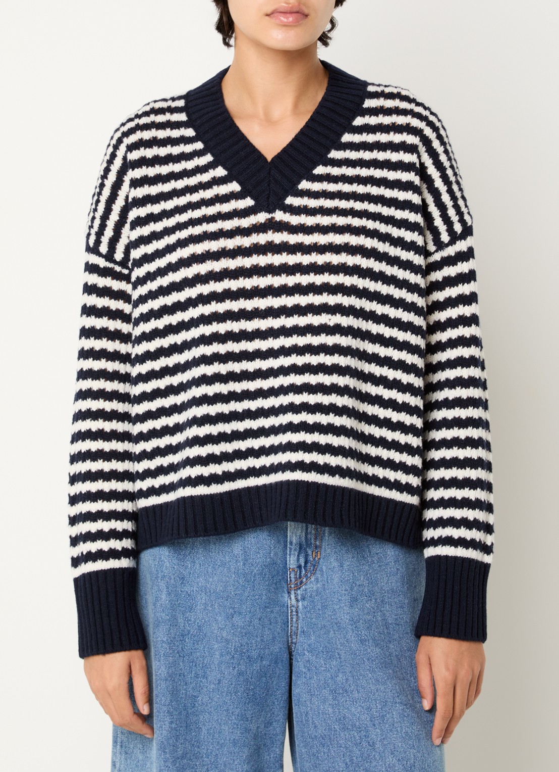 MaxMara Grofgebreide trui van wol met streepprint - detail 4 donkerblauw