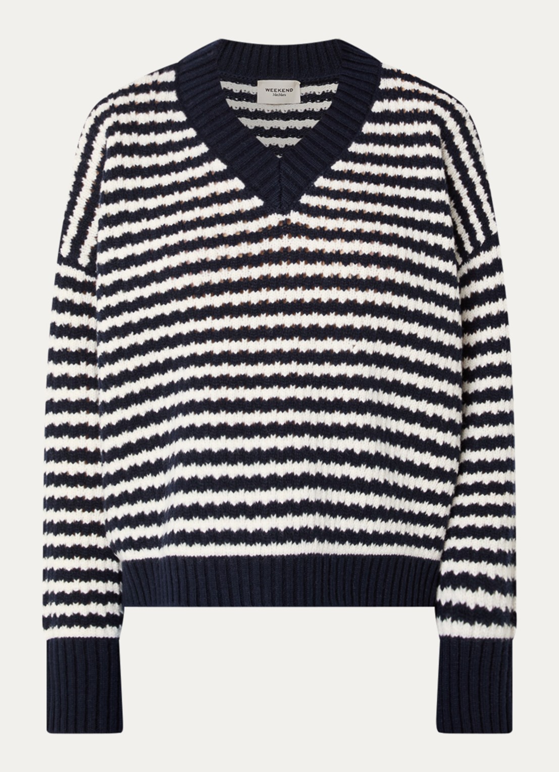 MaxMara Grofgebreide trui van wol met streepprint - voorkant donkerblauw