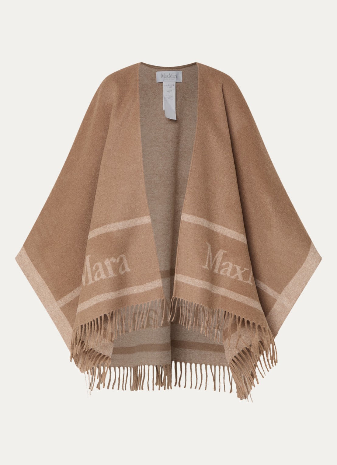 MaxMara Hilde poncho van wol met logoprint en franjes - voorkant 3 camel