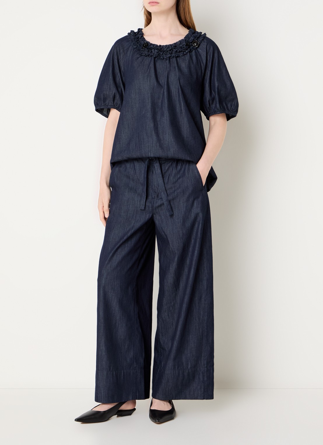 MaxMara Jour high waist wide fit broek van denim met strikceintuur - voorkant 4 indigo