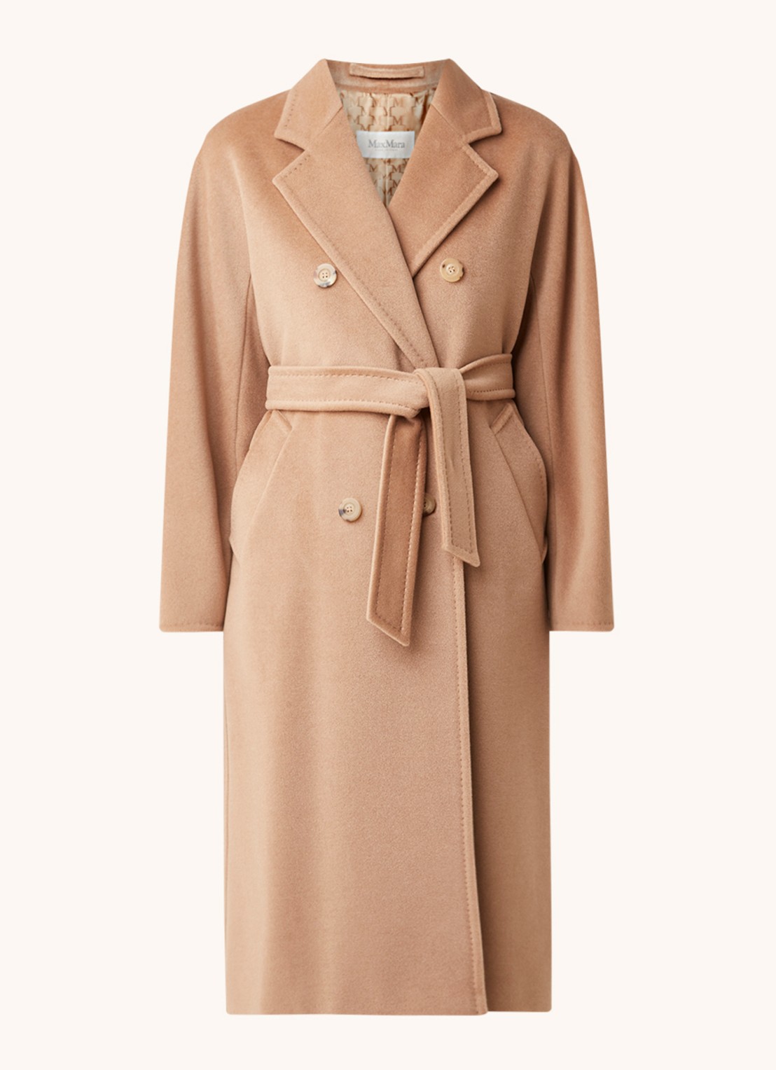 MaxMara Madame mantel in wolblend met strikceintuur - voorkant 3 camel