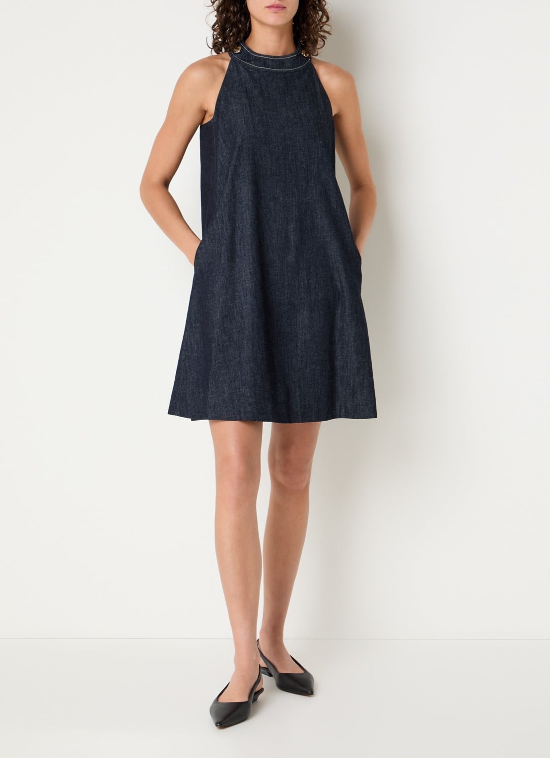 MaxMara Midi jurk van denim met ronde hals - voorkant 4 indigo