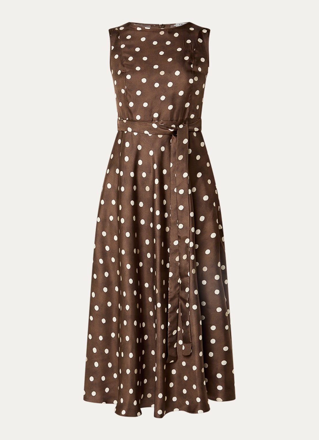 MaxMara Midi jurk van zijde met strikceintuur en stippenprint - voorkant bruin