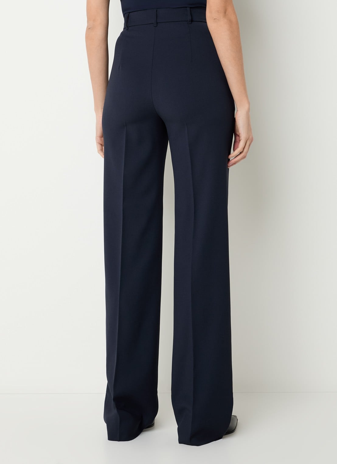 MaxMara Quasar high waist straight fit pantalon van scheerwol met persplooi - achterkant donkerblauw