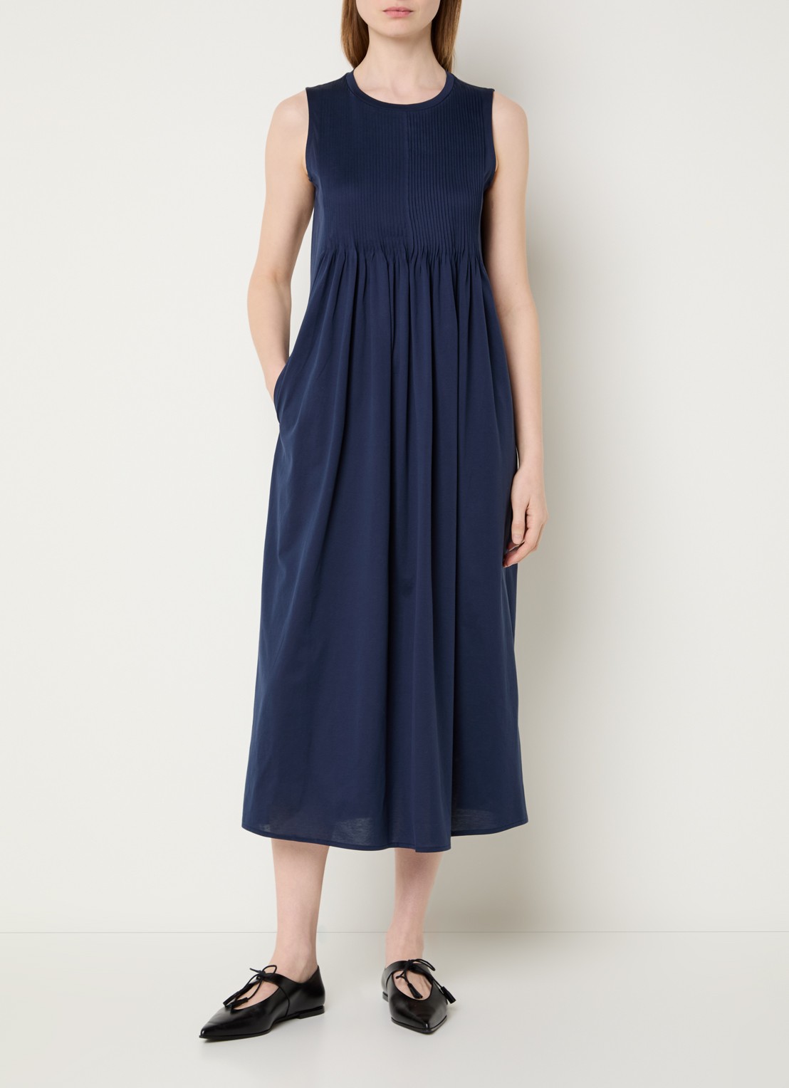 MaxMara Ricordo midi jurk met smockwerk - detail 3 donkerblauw