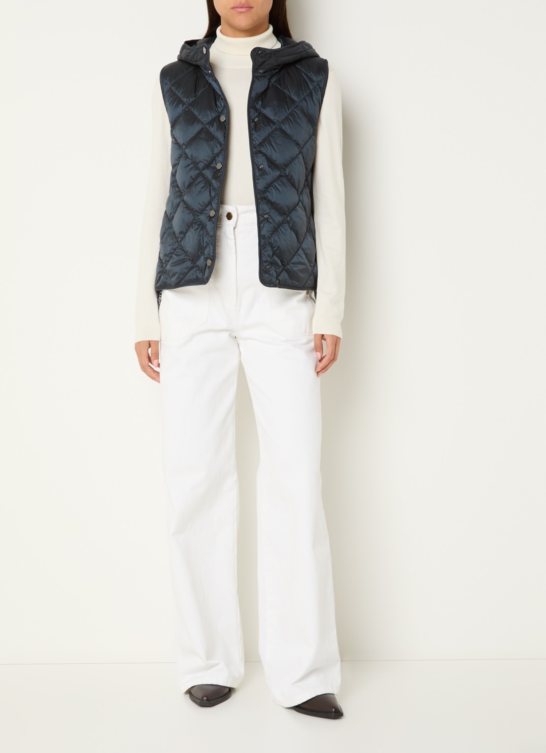MaxMara Trefa gewatteerde bodywarmer met quiltpatroon en capuchon  - voorkant 3 donkerblauw