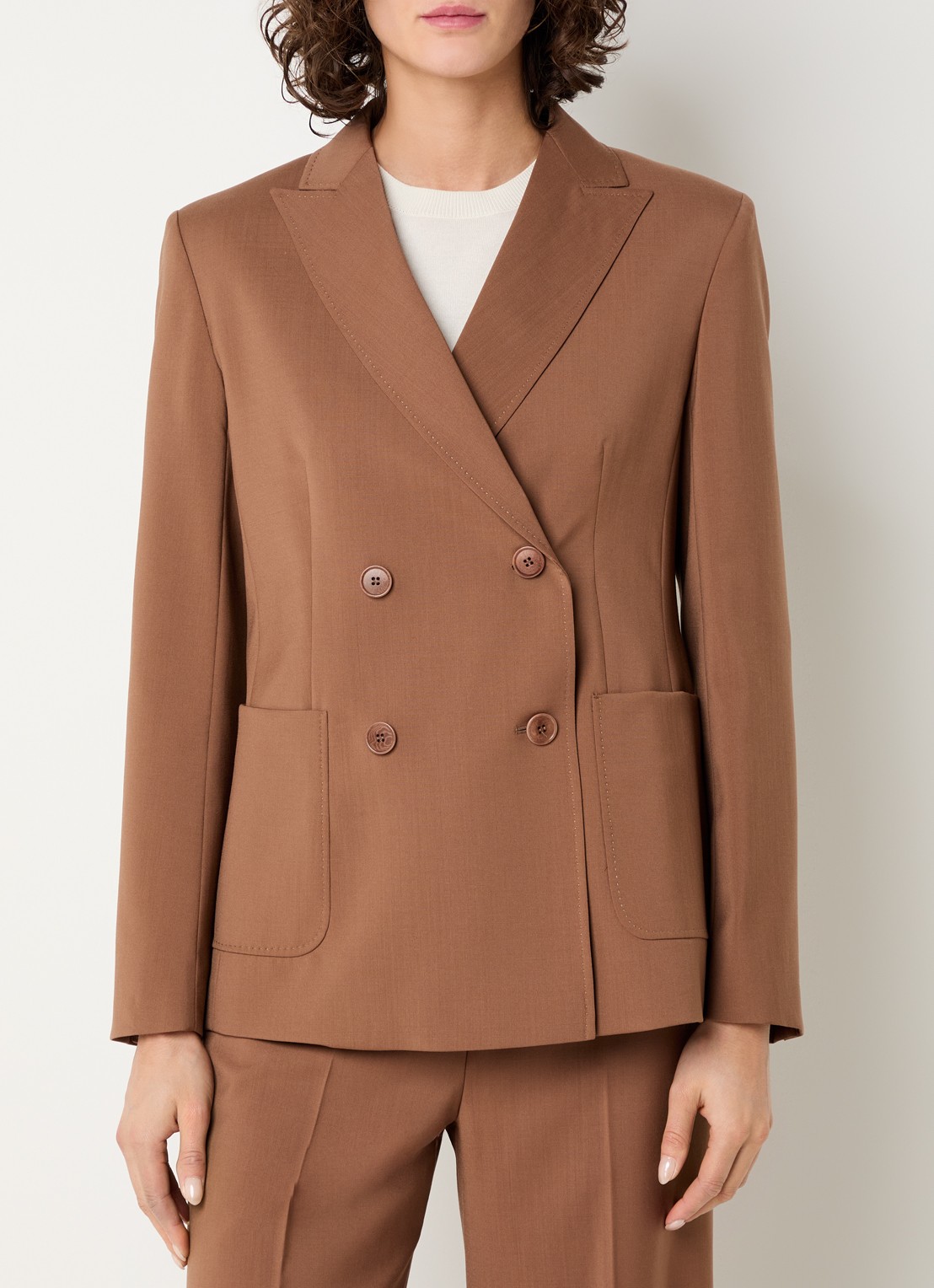 MaxMara Zinnia double-breasted blazer van scheerwol met opgestikte zakken - detail 4 cognac