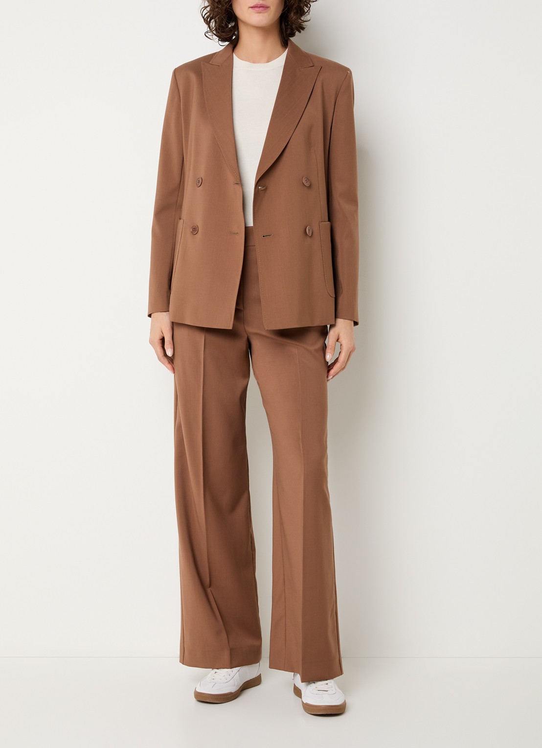 MaxMara Zinnia double-breasted blazer van scheerwol met opgestikte zakken - voorkant 3 cognac