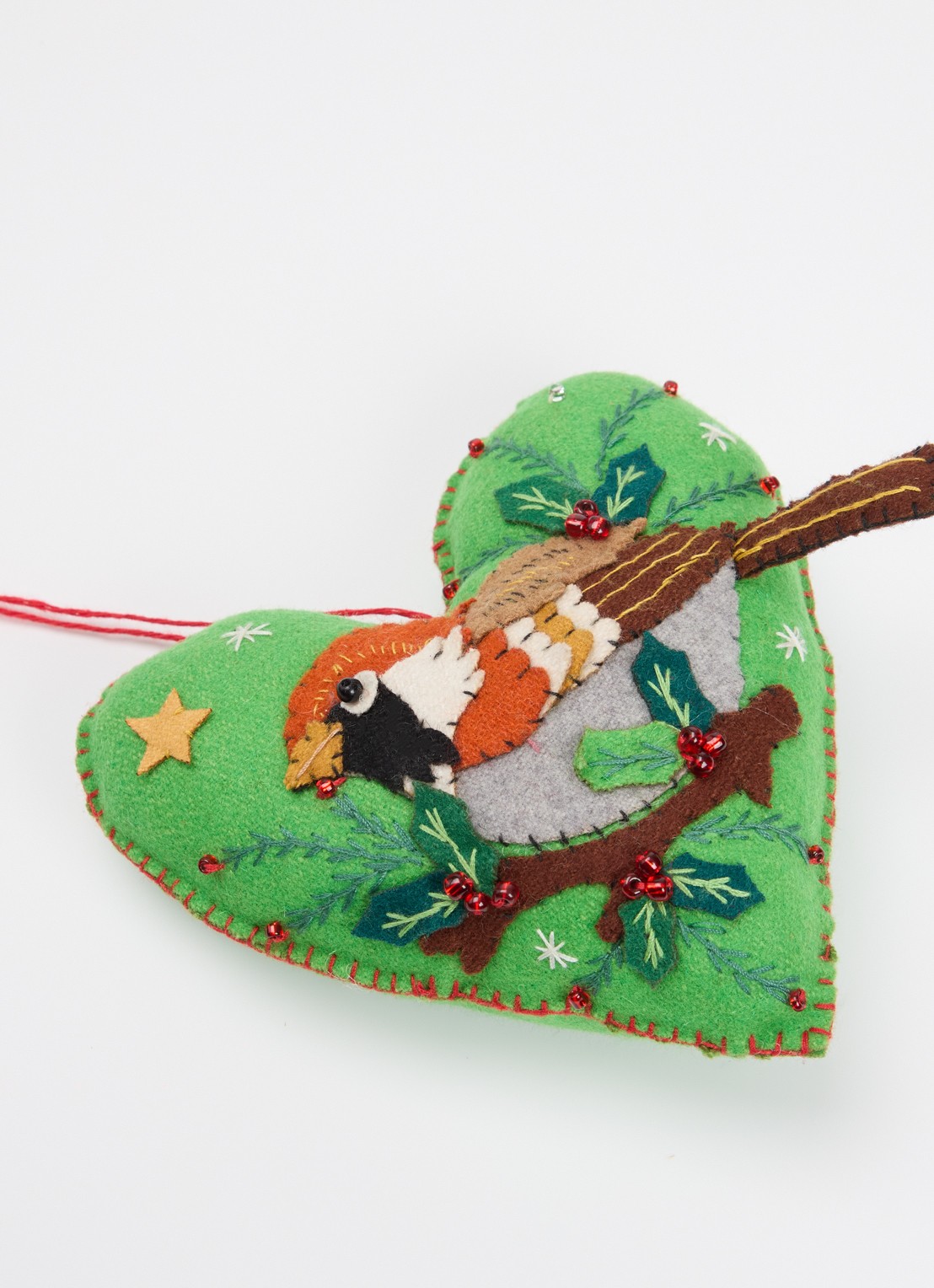 Meander Hart met Vogel kersthanger 13 cm - detail groen