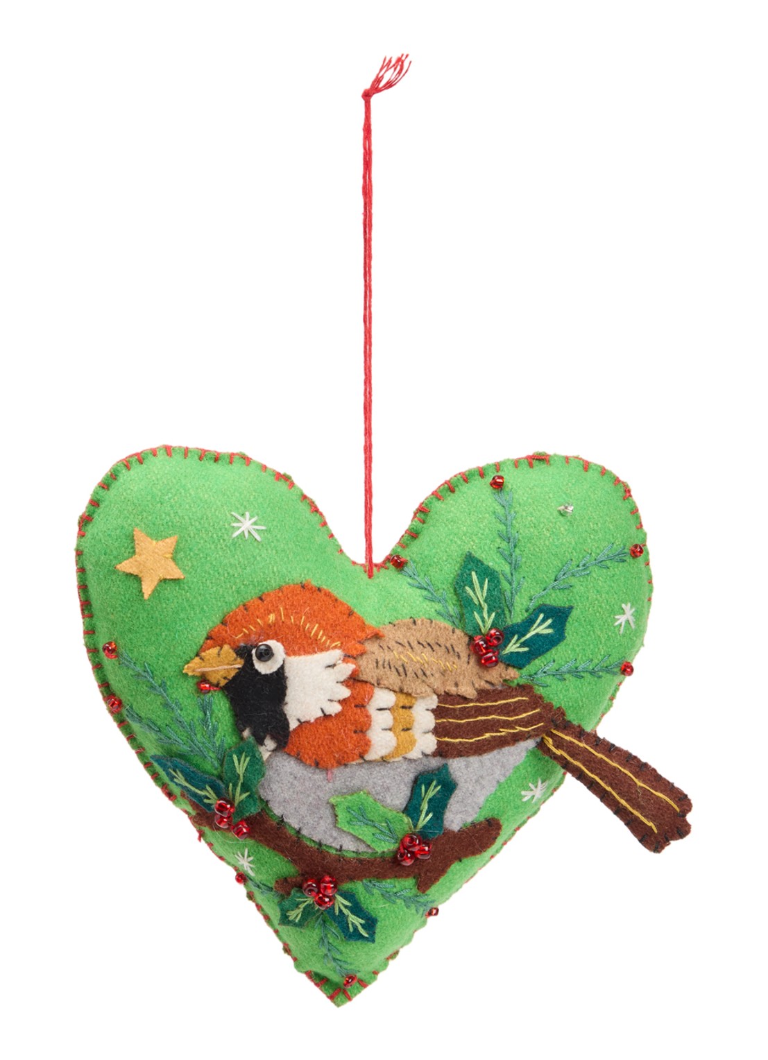 Meander Hart met Vogel kersthanger 13 cm - voorkant 2 groen