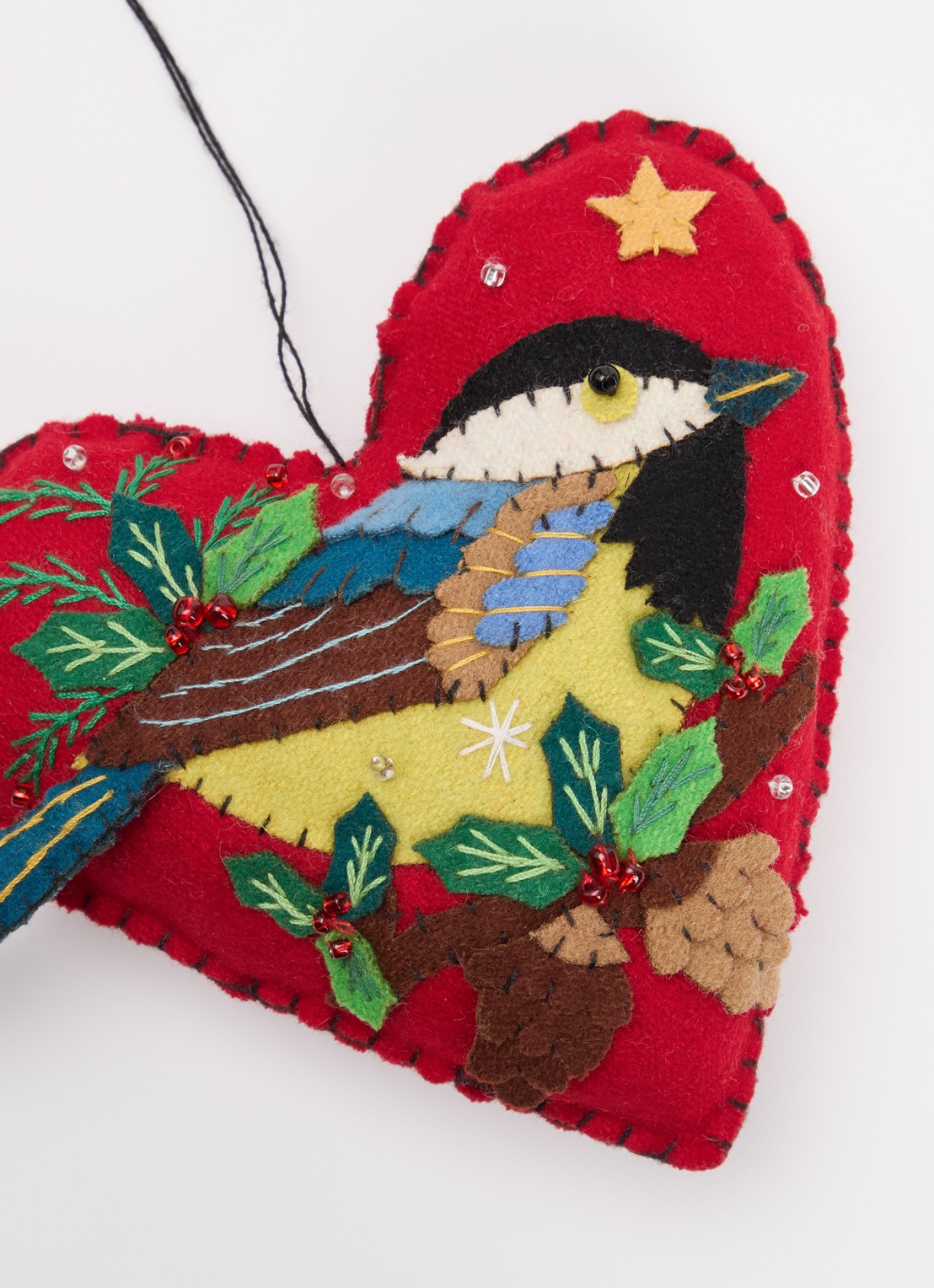 Meander Hart met Vogel kersthanger 13 cm - detail rood