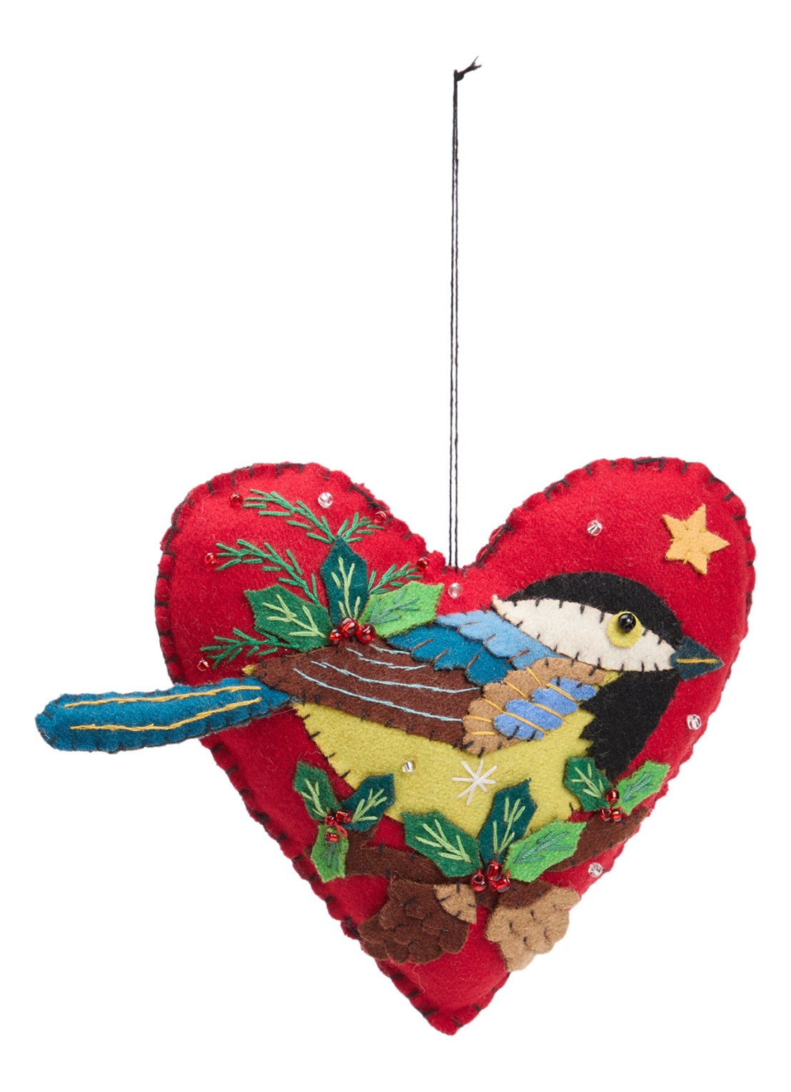 Meander Hart met Vogel kersthanger 13 cm - voorkant 2 rood