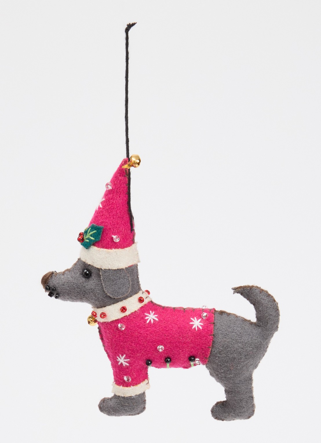 Meander Hond met kerstmuts kersthanger 13 cm - voorkant 2 donkerroze