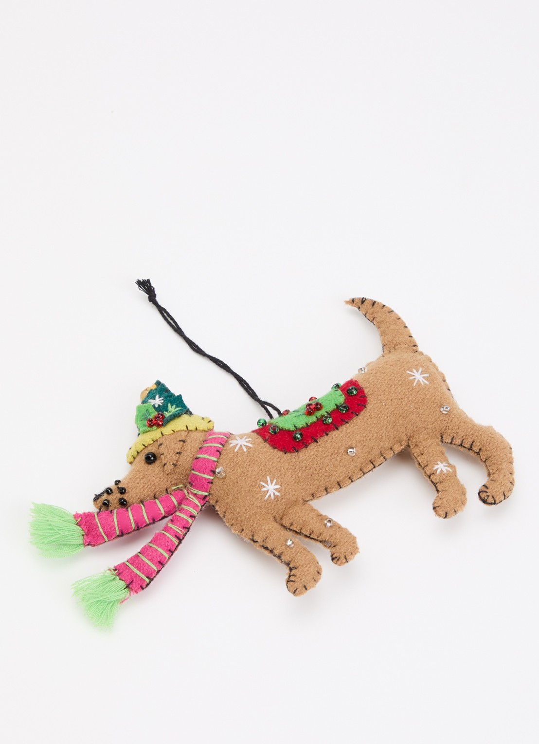 Meander Hond met muts kersthanger 10 cm - detail beige