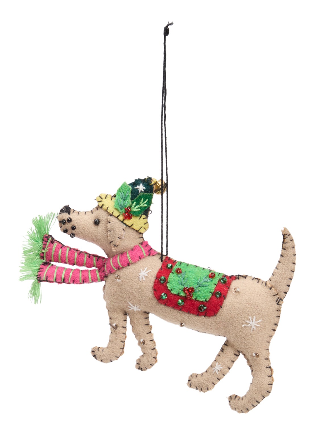 Meander Hond met muts kersthanger 10 cm - voorkant 2 beige