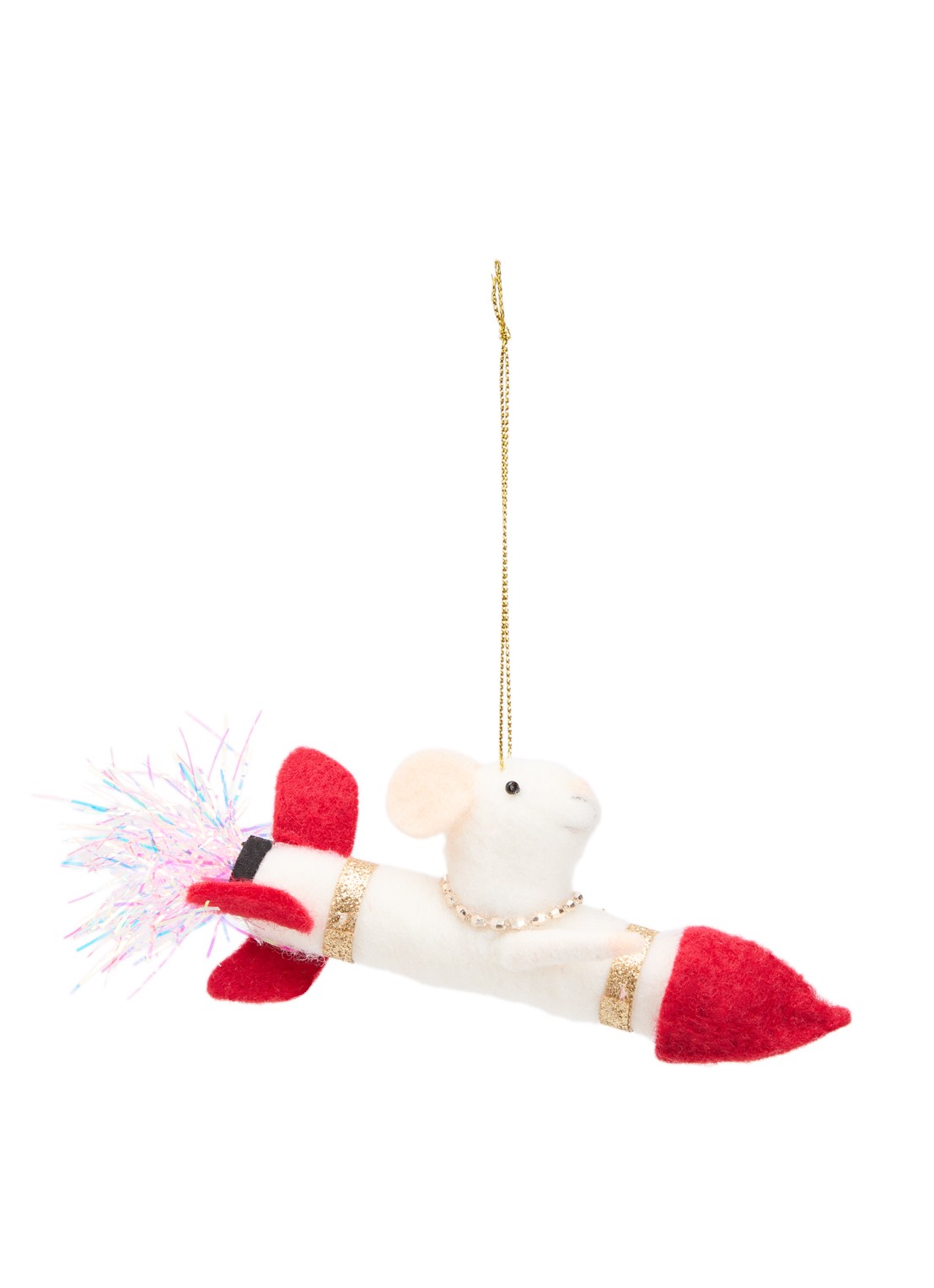 Meander Raket met muis kersthanger 6 cm - voorkant 2 ivoor
