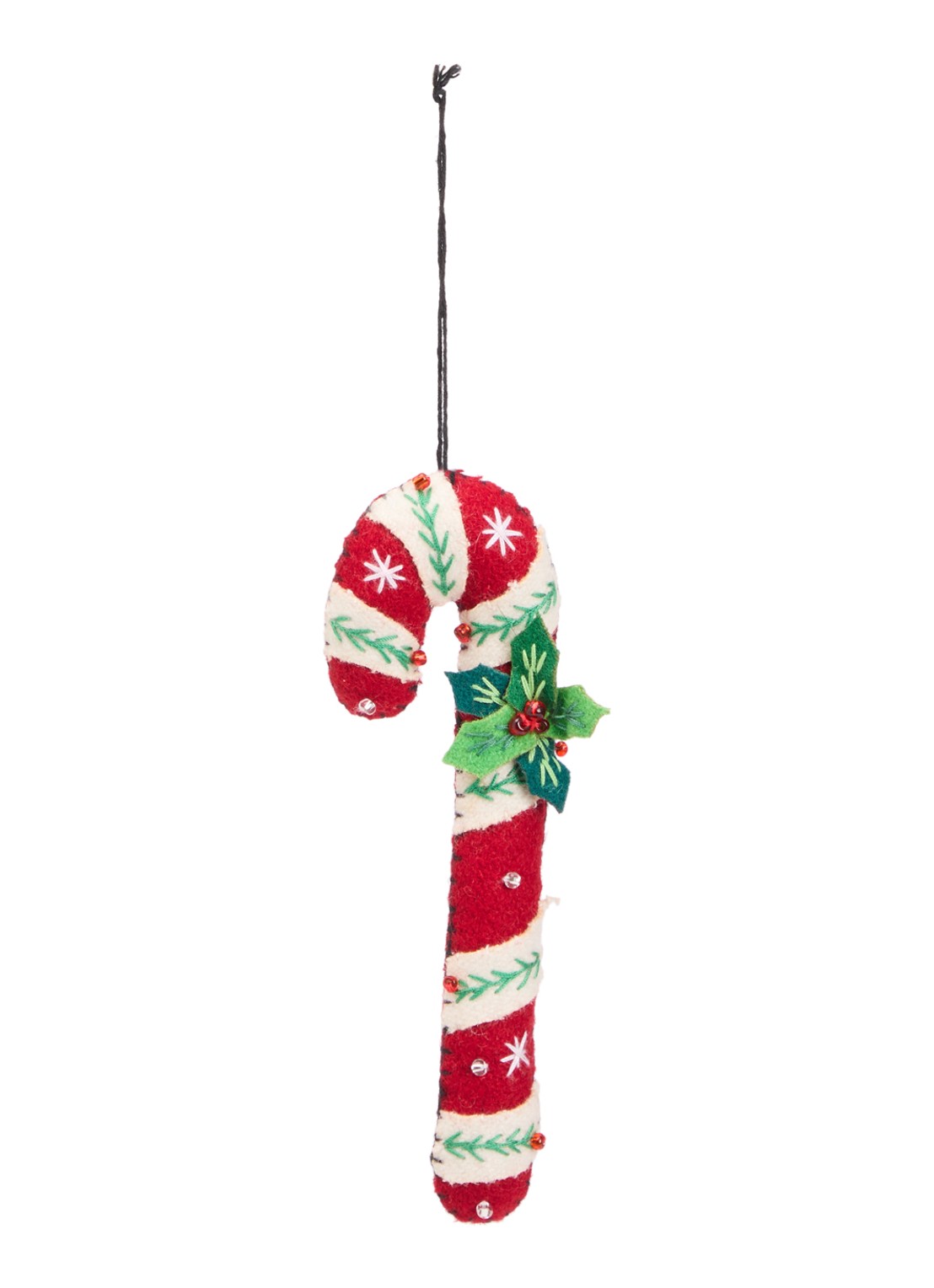 Meander Zuurstok met hulst kersthanger 14,5 cm - voorkant 2 rood