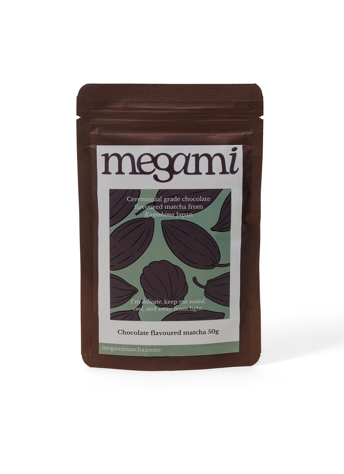 Megami Chocolate matcha 50 gram - voorkant groen